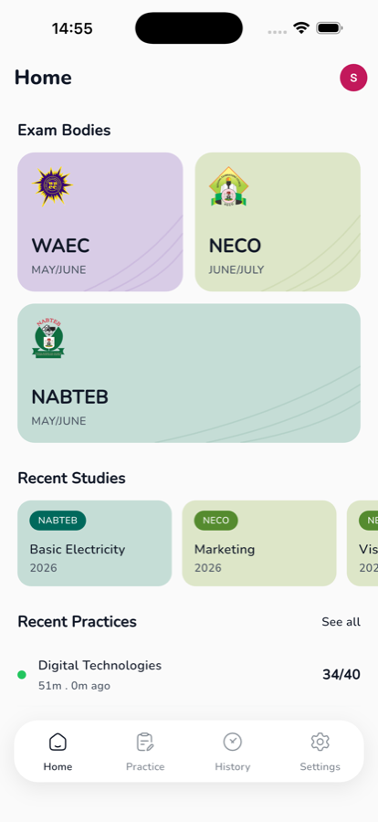 Olevel home screen showing WAEC, NECO and NABTEB