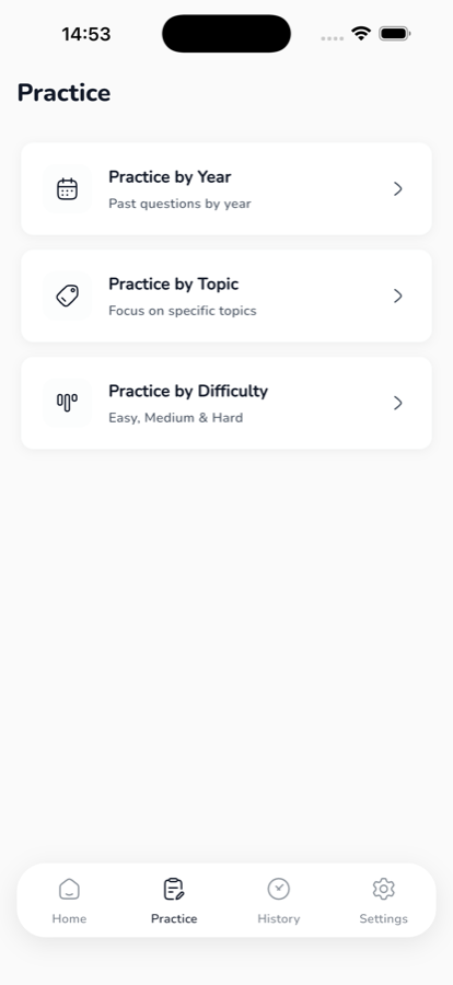 Olevel practice menu: by year, by topic, by difficulty